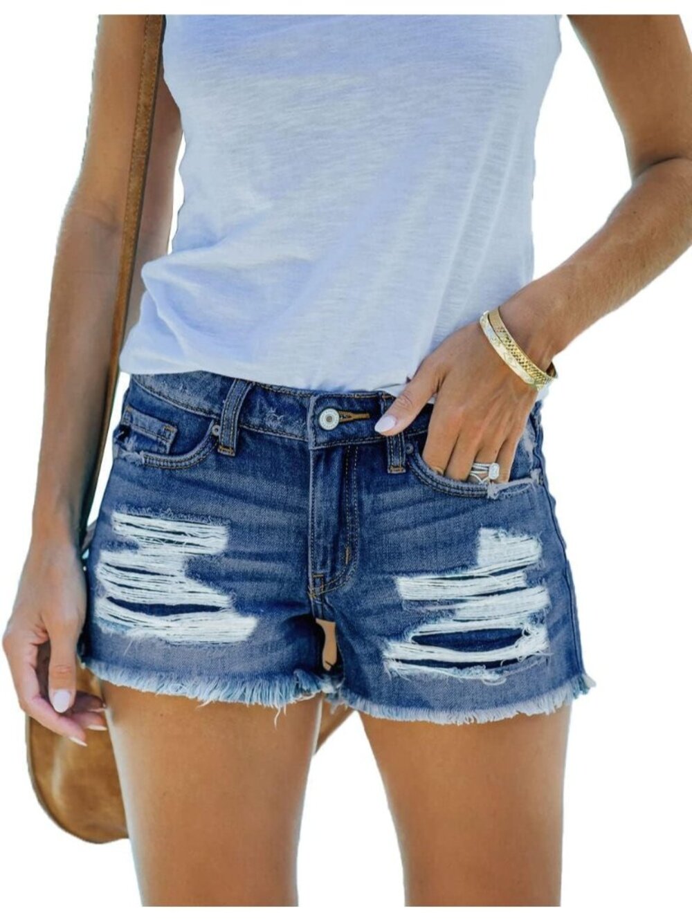 Women's Blue Ripped Denim Short Comfortable Mid Rise Summer Hot Short Jeans